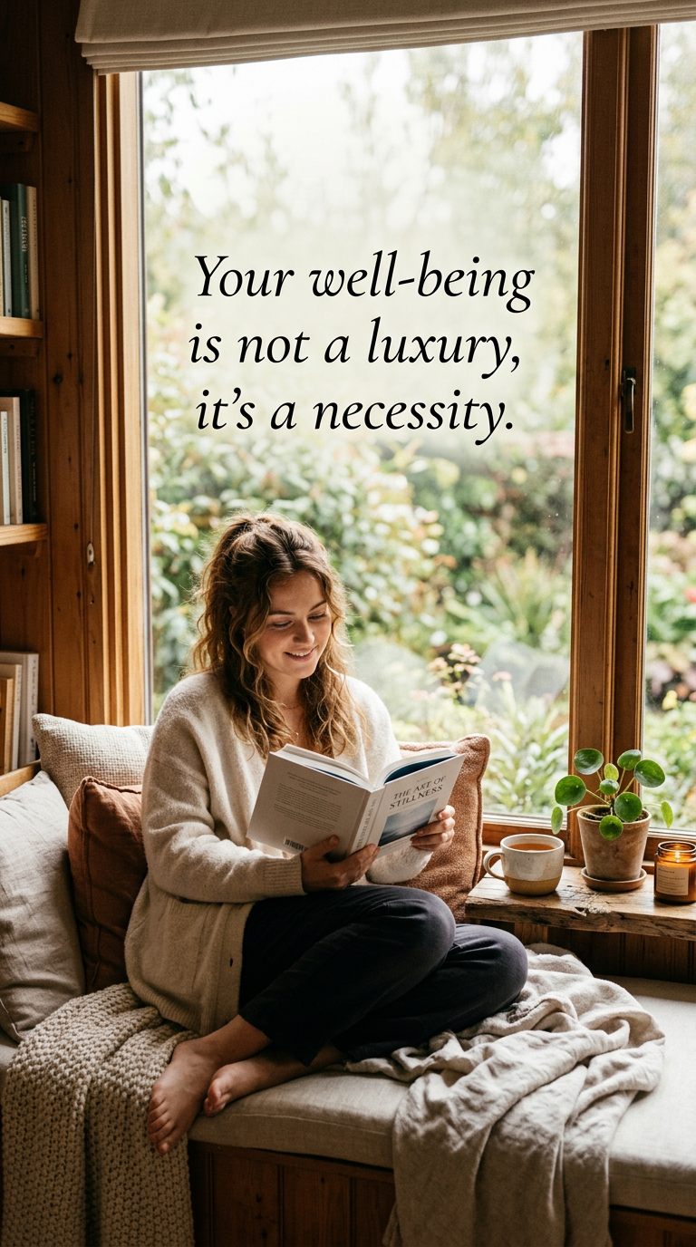 A person relaxing with a book and tea in a sunlit nook, representing self-care, with the quote 'Your well-being is not a luxury, it's a necessity.'
