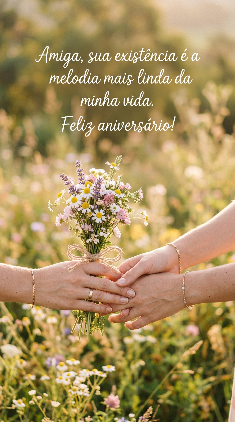 Duas mãos femininas entrelaçadas segurando flores silvestres, com a frase 'Amiga, sua existência é a melodia mais linda da minha vida. Feliz aniversário!'