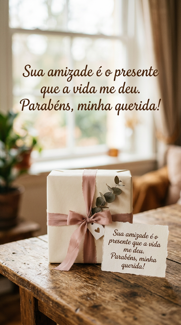 Caixa de presente com fita de seda e bilhete manuscrito, com a frase 'Sua amizade é o presente que a vida me deu. Parabéns, minha querida!'