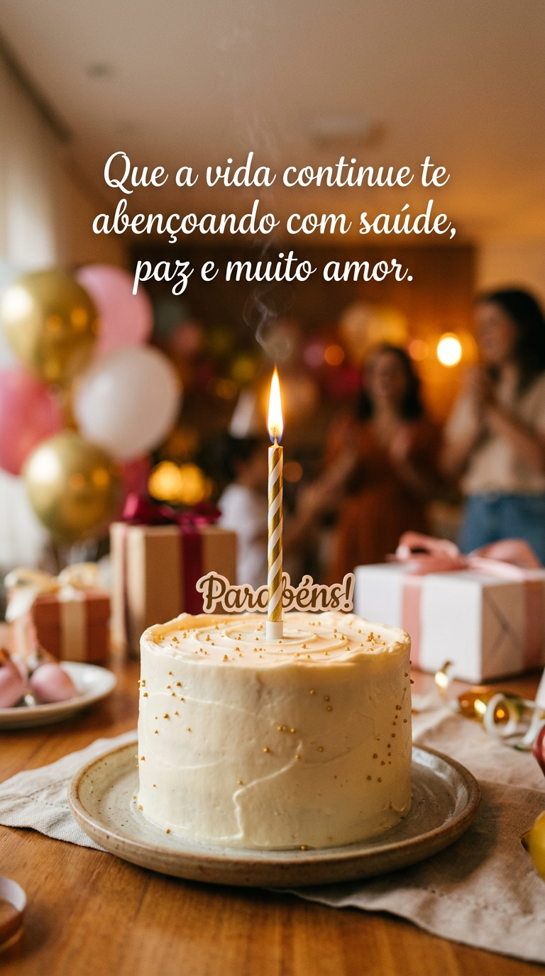 Vela acesa em um bolo de aniversário, com a frase 'Que a vida continue te abençoando com saúde, paz e muito amor.'