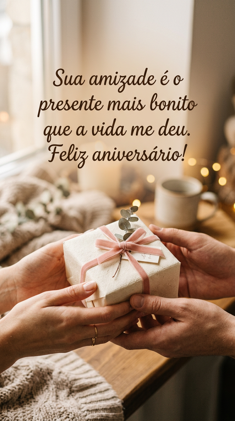 Duas mãos segurando um pequeno presente embrulhado, com a frase 'Sua amizade é o presente mais bonito que a vida me deu. Feliz aniversário!'