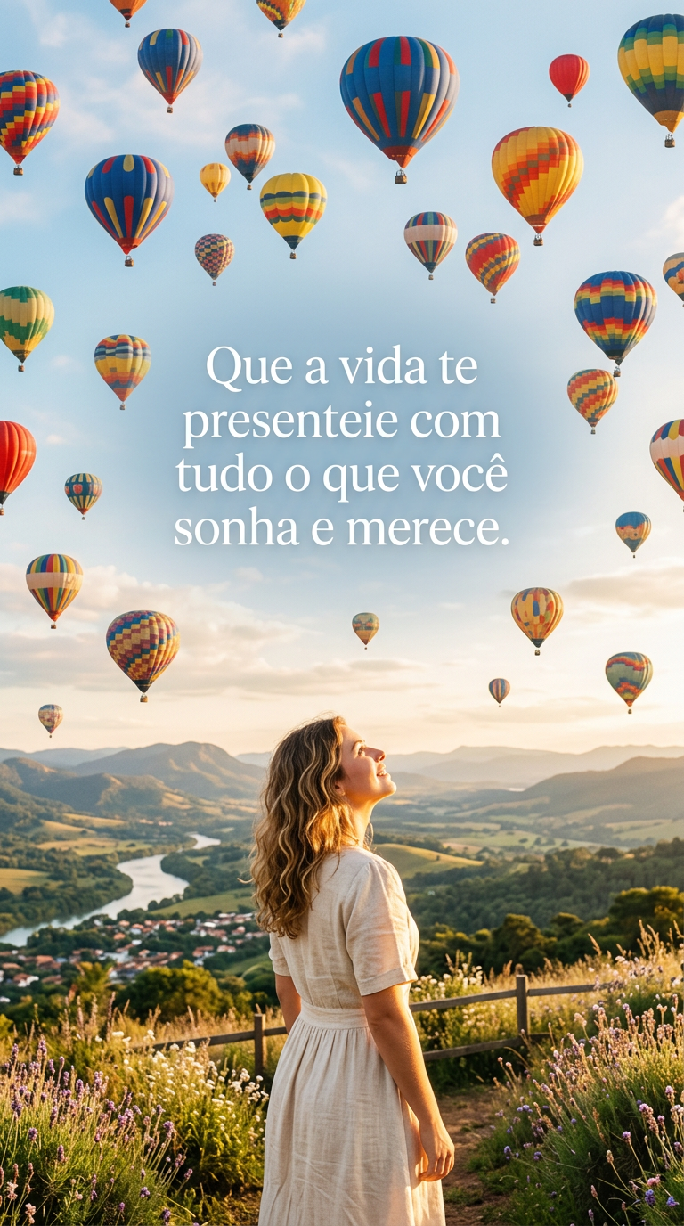 Pessoa observando balões de ar quente coloridos subindo ao céu, com a frase 'Que a vida te presenteie com tudo o que você sonha e merece.'
