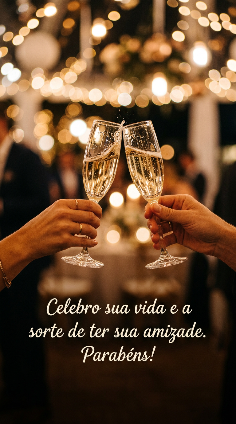 Duas mãos brindando com taças de champanhe, com a frase 'Celebro sua vida e a sorte de ter sua amizade. Parabéns!'