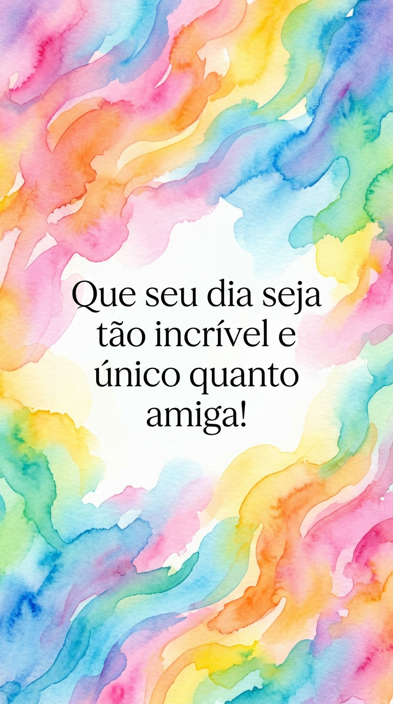 Pintura abstrata em aquarela com cores vibrantes e transições suaves, com a frase 'Que seu dia seja tão incrível e único quanto você, amiga!'