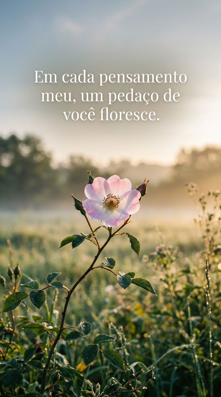 Uma flor delicada com orvalho e a frase 'Em cada pensamento meu, um pedaço de você floresce'.
