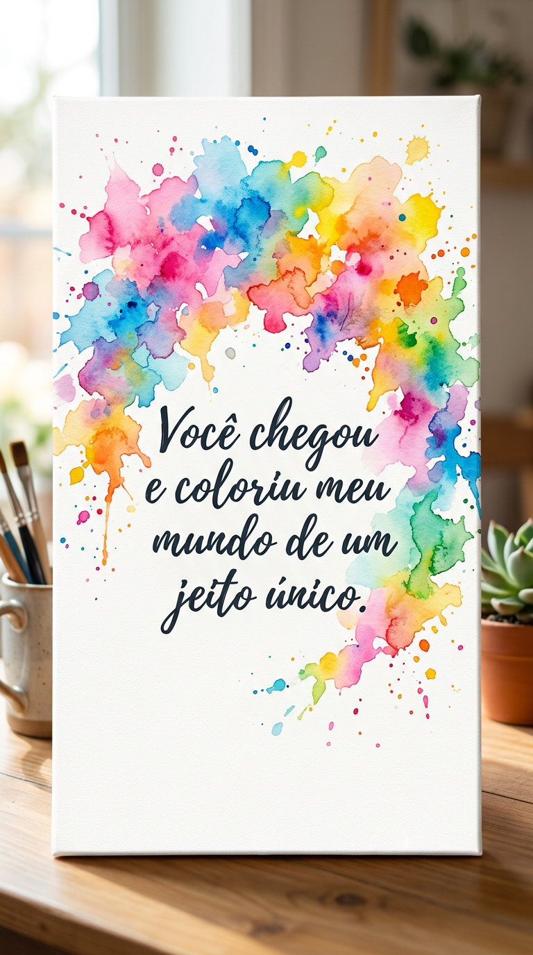 Pintura em aquarela com cores vibrantes e a frase 'Você chegou e coloriu meu mundo de um jeito único'.