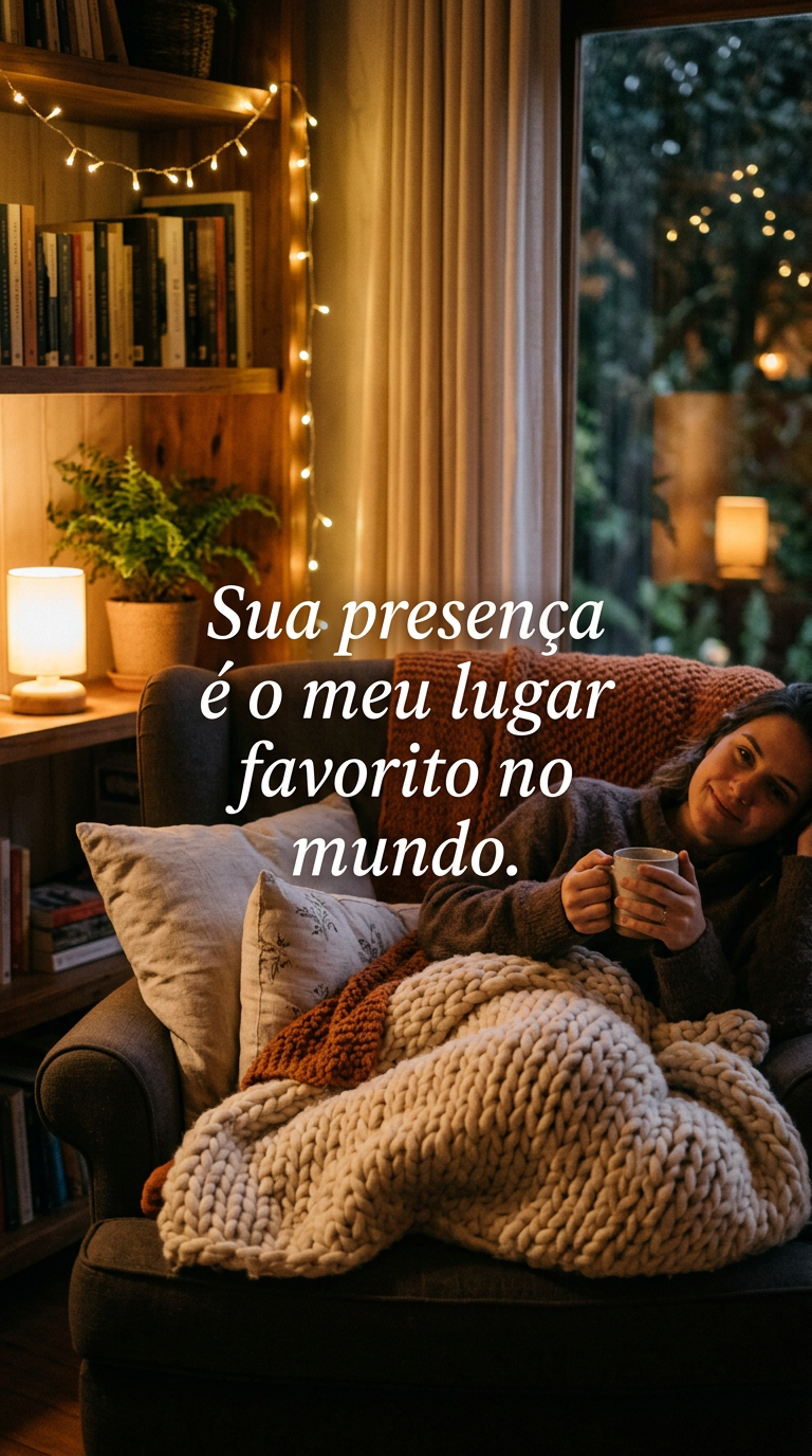 Um espaço aconchegante com cobertores e luz quente, com a frase 'Sua presença é o meu lugar favorito no mundo'.