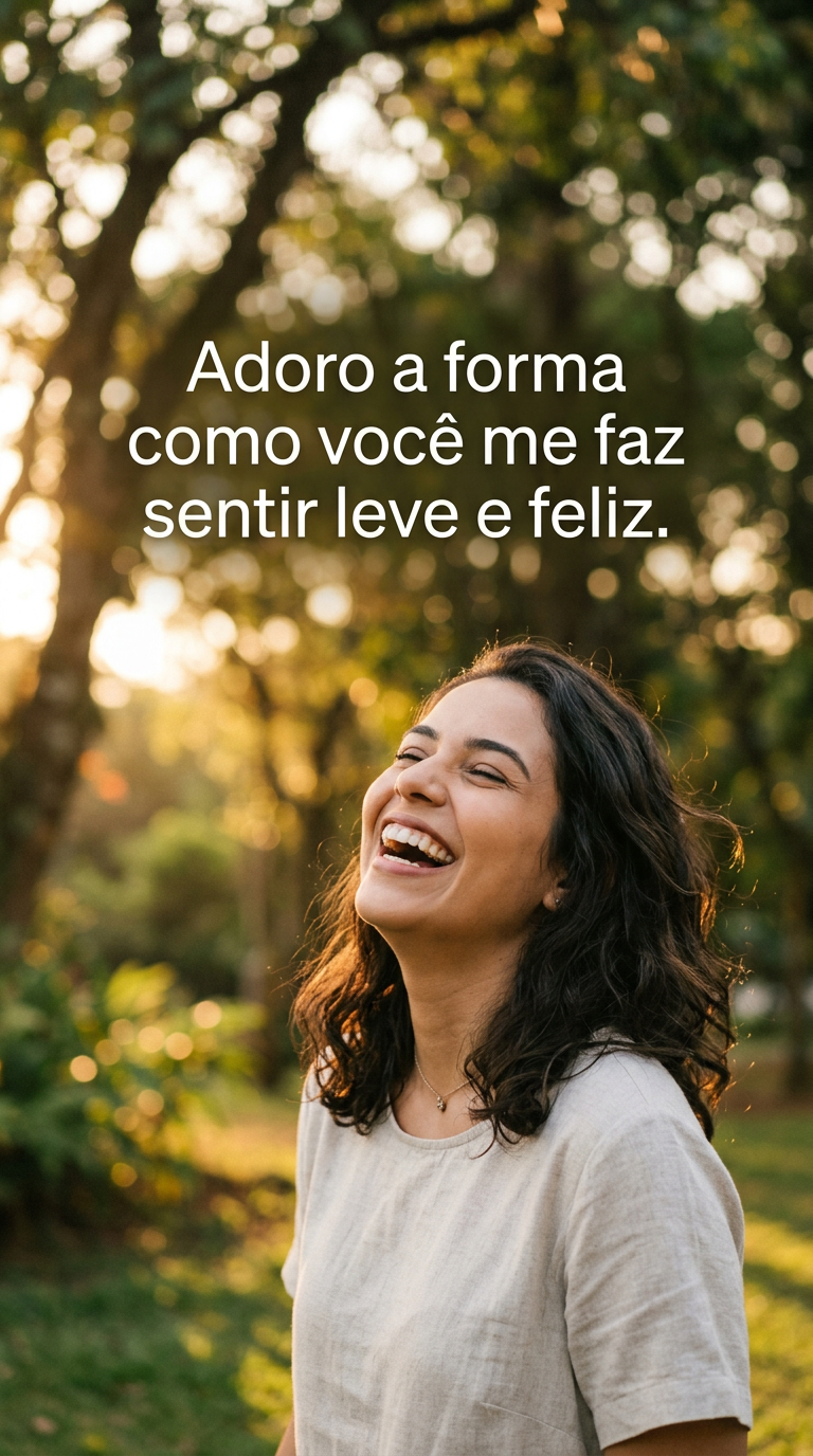 Pessoa rindo com a cabeça ligeiramente inclinada para trás e a frase 'Adoro a forma como você me faz sentir leve e feliz'.