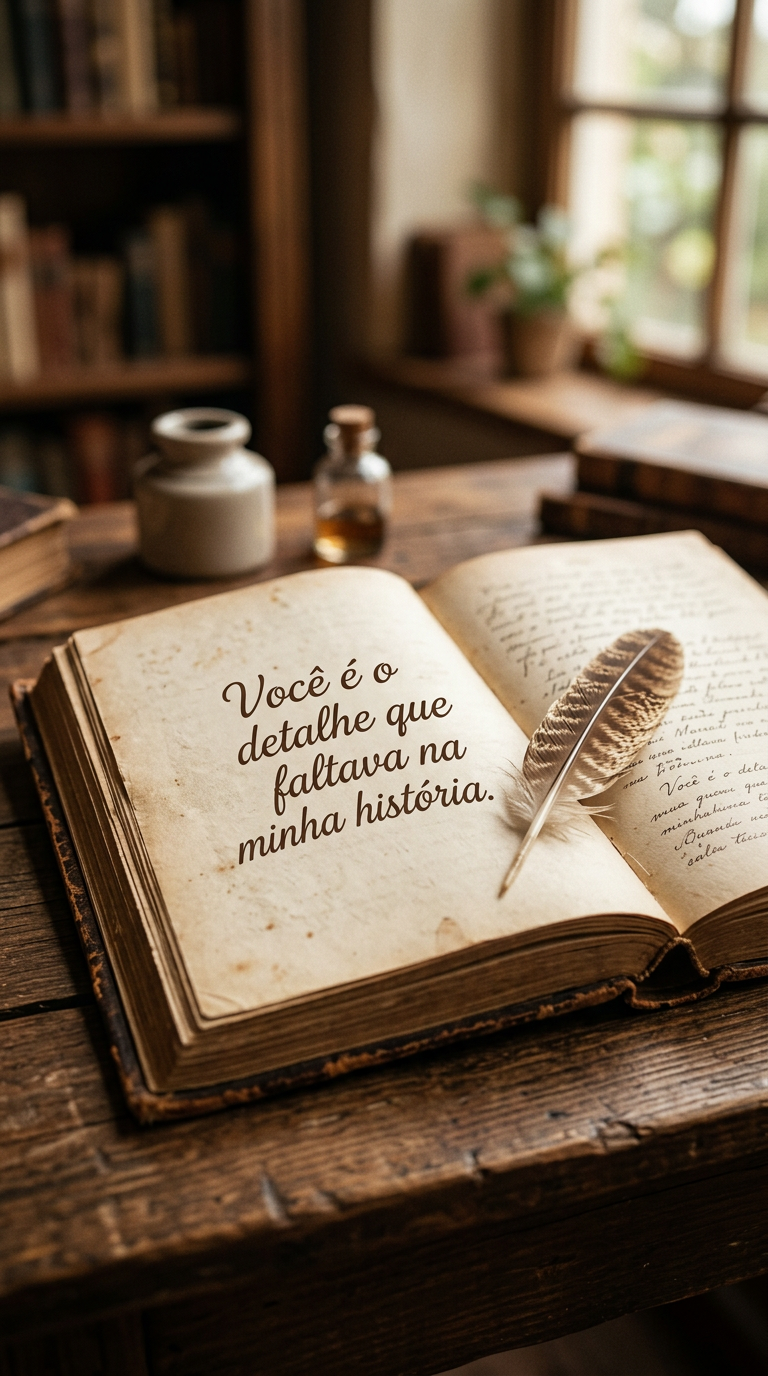 Um livro antigo aberto com uma pena única e a frase 'Você é o detalhe que faltava na minha história'.