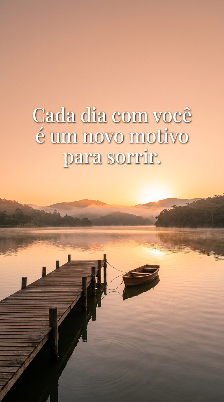 Nascer do sol sobre um lago calmo com a frase 'Cada dia com você é um novo motivo para sorrir'.