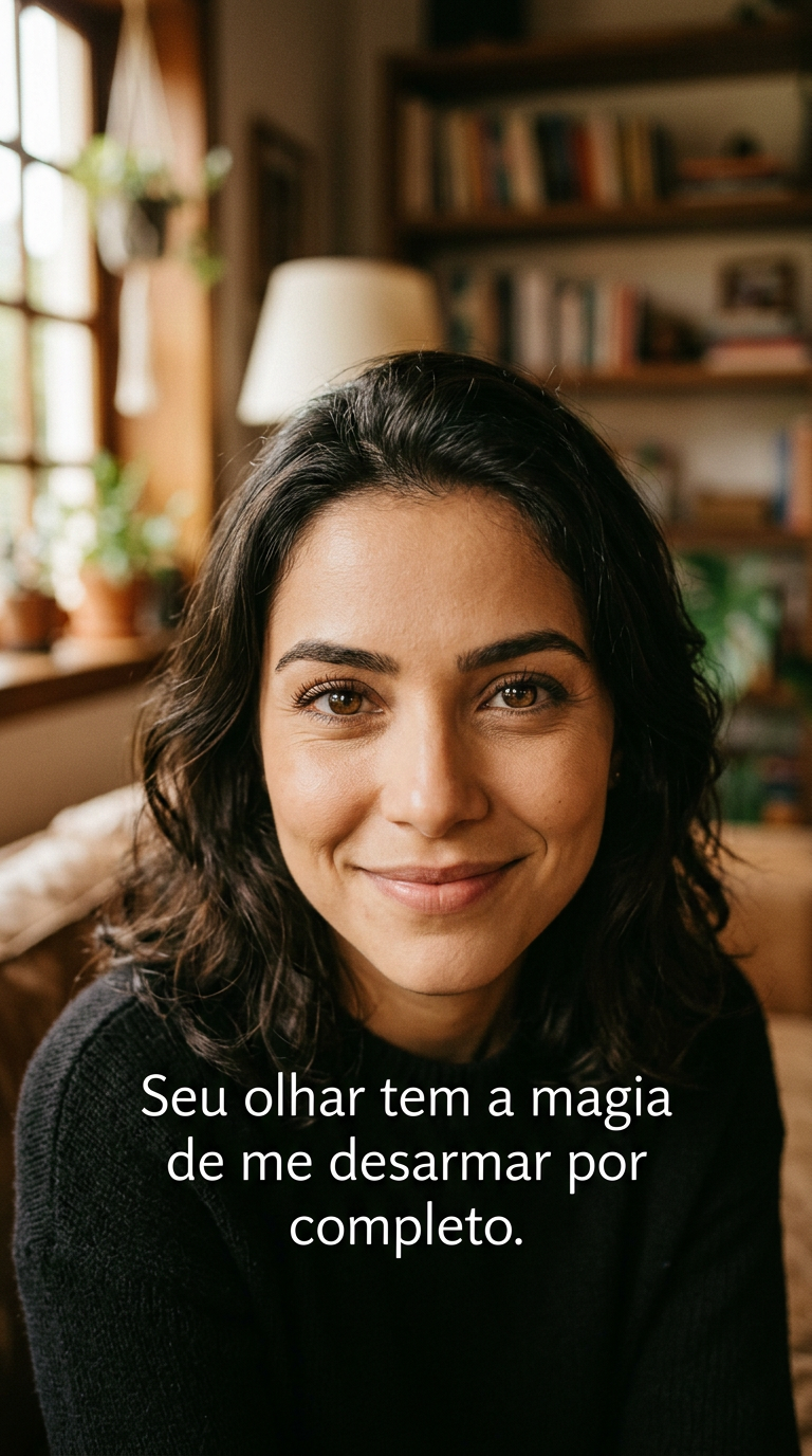 Close-up de olhos expressivos com a frase 'Seu olhar tem a magia de me desarmar por completo'.