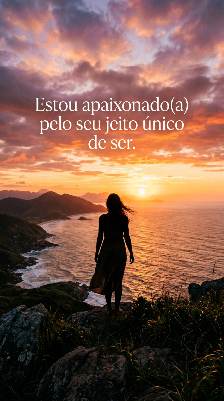 Silhueta de uma pessoa contra um pôr do sol vibrante e a frase 'Estou apaixonado(a) pelo seu jeito único de ser'.