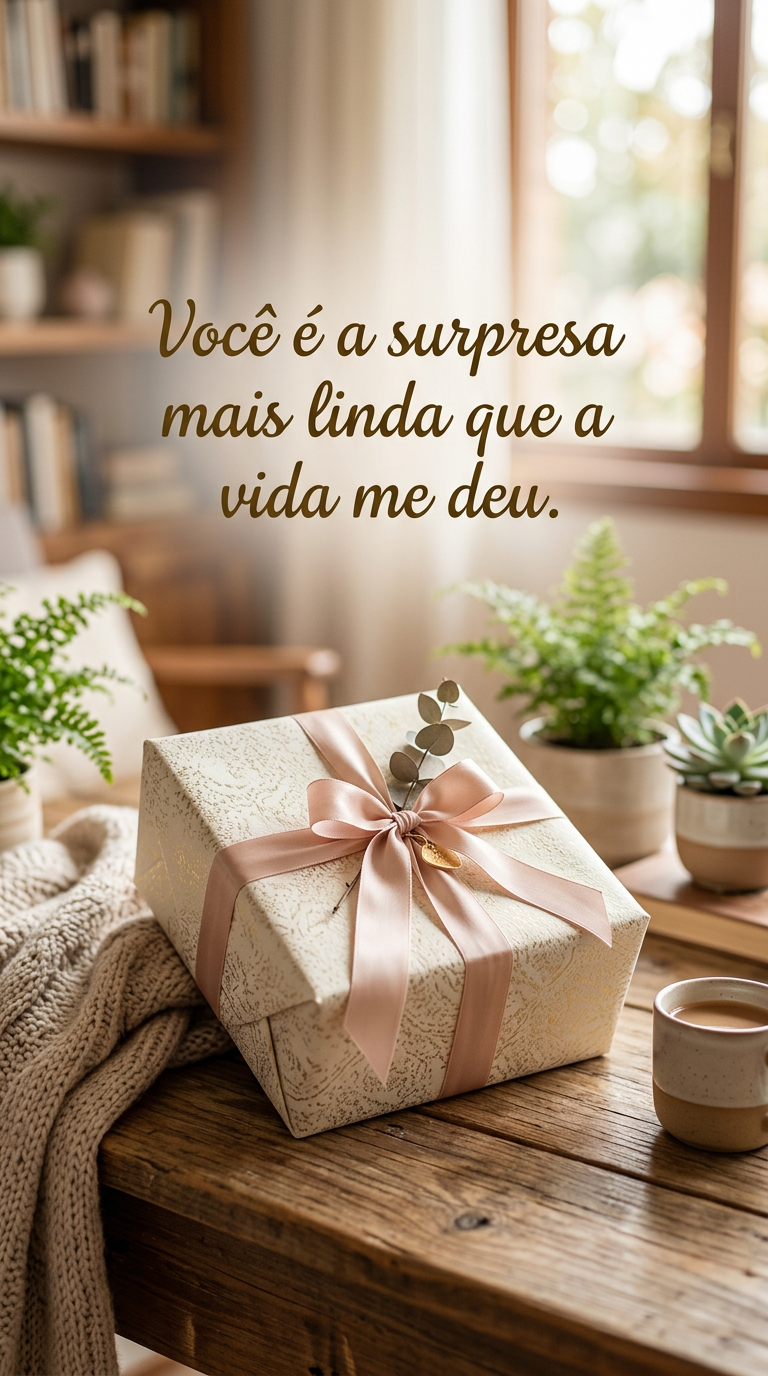 Uma caixa de presente lindamente embrulhada com a frase 'Você é a surpresa mais linda que a vida me deu'.