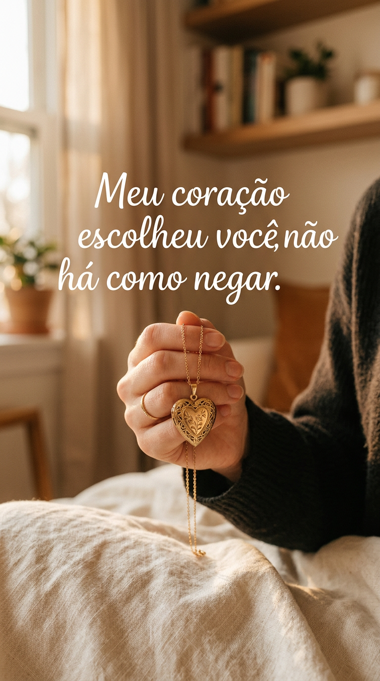Mão segurando um pequeno medalhão em forma de coração com a frase 'Meu coração escolheu você, e não há como negar'.