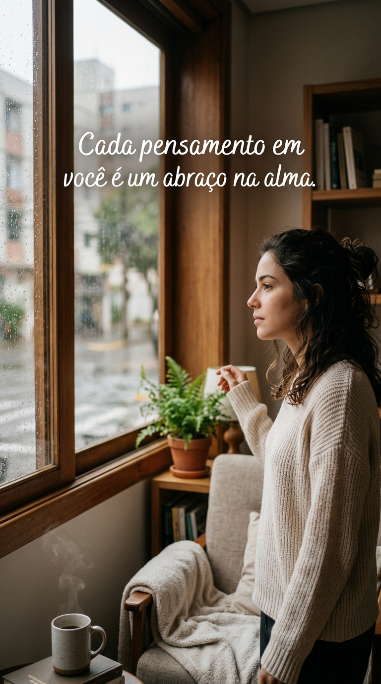 Pessoa olhando pensativa pela janela com luz suave, com a frase 'Cada pensamento em você é um abraço na alma'.