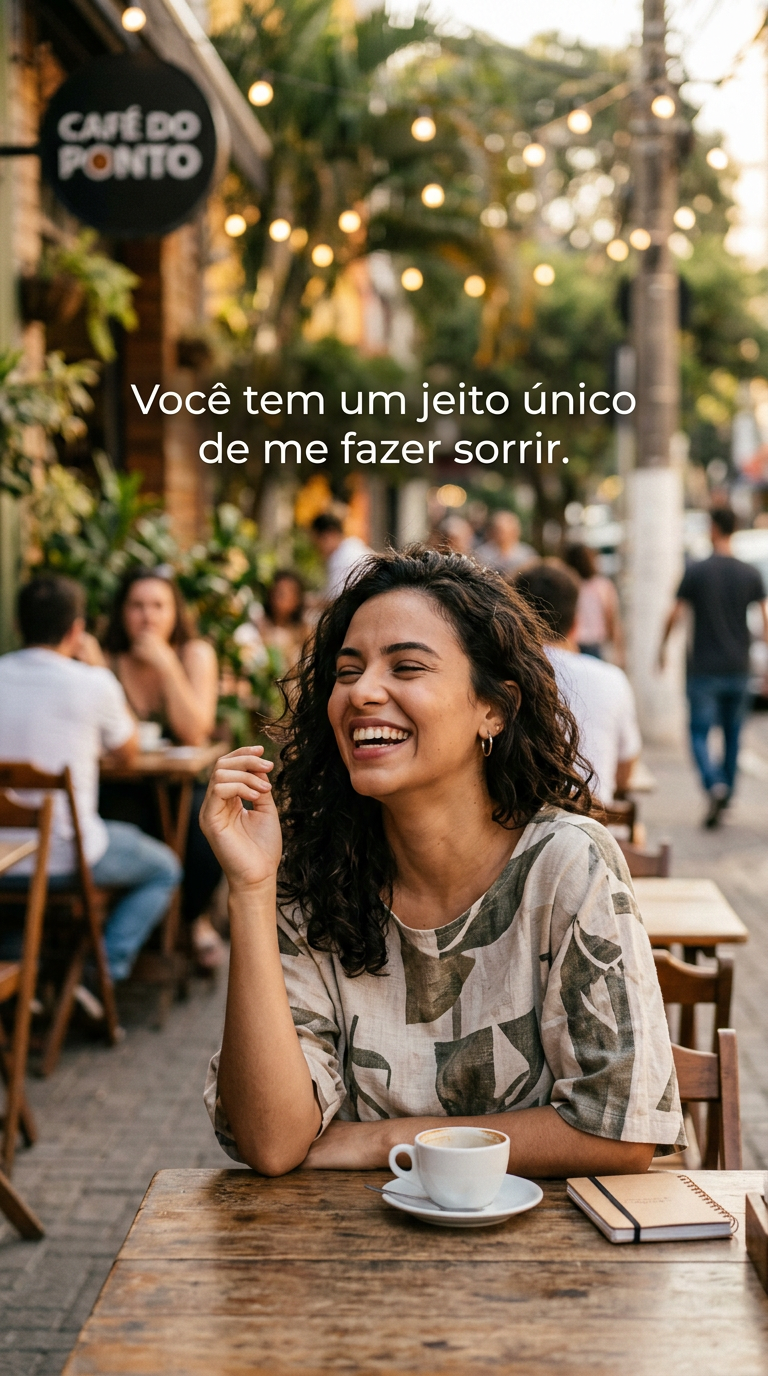 Foto espontânea de alguém rindo em um café, com a frase 'Você tem um jeito único de me fazer sorrir'.