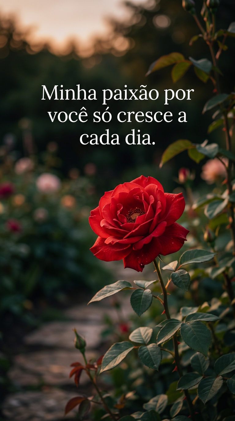 Uma única rosa vermelha desabrochando com foco suave, com a frase 'Minha paixão por você só cresce a cada dia'.
