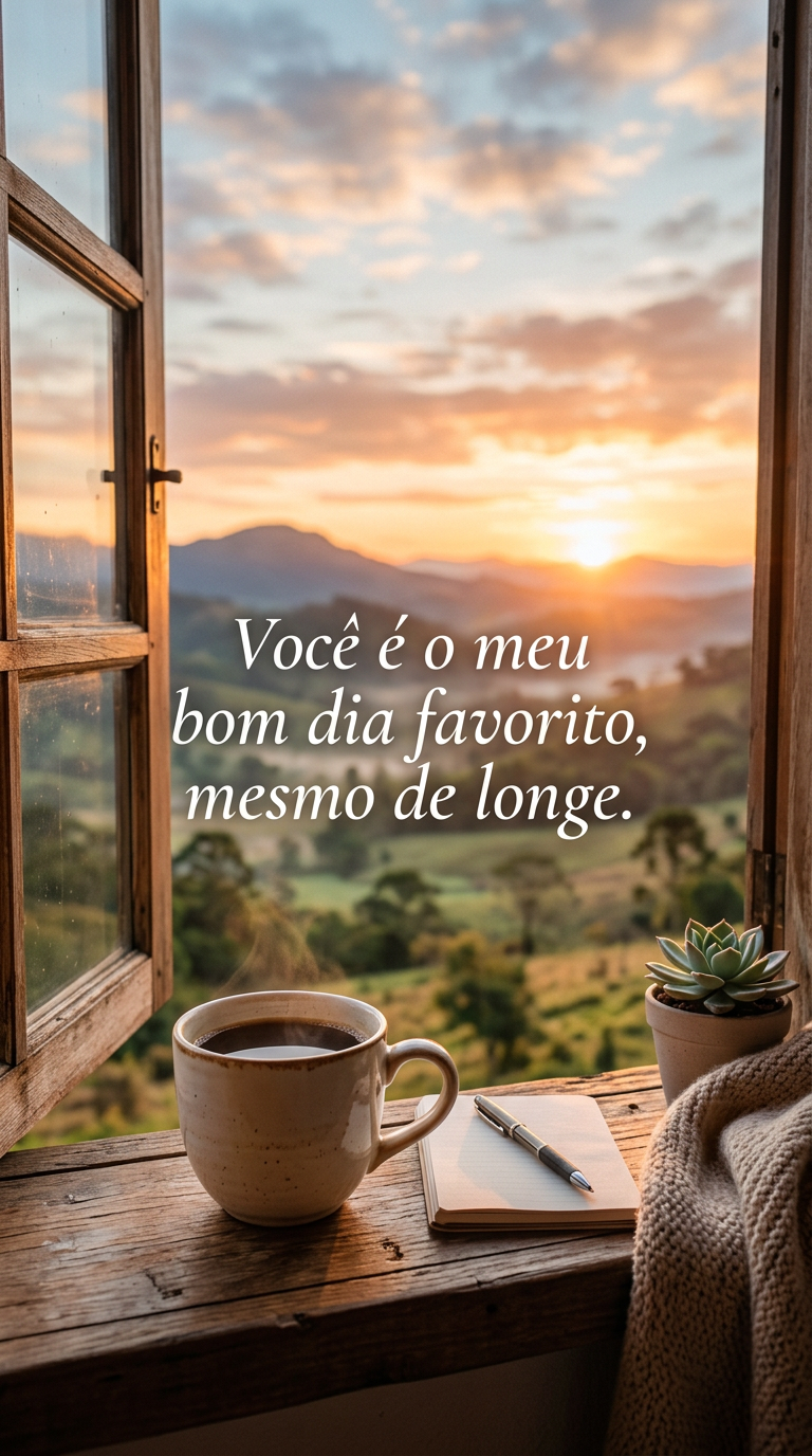 Xícara de café na janela com um nascer do sol ao fundo, com a frase 'Você é o meu bom dia favorito, mesmo de longe'.