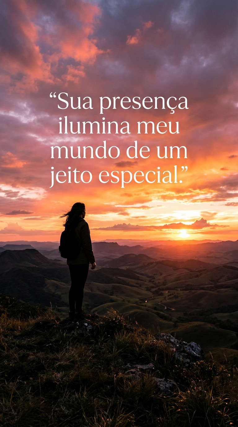 Silhueta de uma pessoa em uma colina observando um pôr do sol vibrante, com a frase 'Sua presença ilumina meu mundo de um jeito especial'.