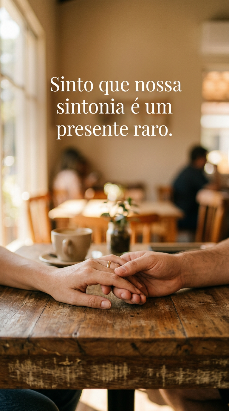 Duas mãos se tocando suavemente com iluminação íntima, com a frase 'Sinto que nossa sintonia é um presente raro'.