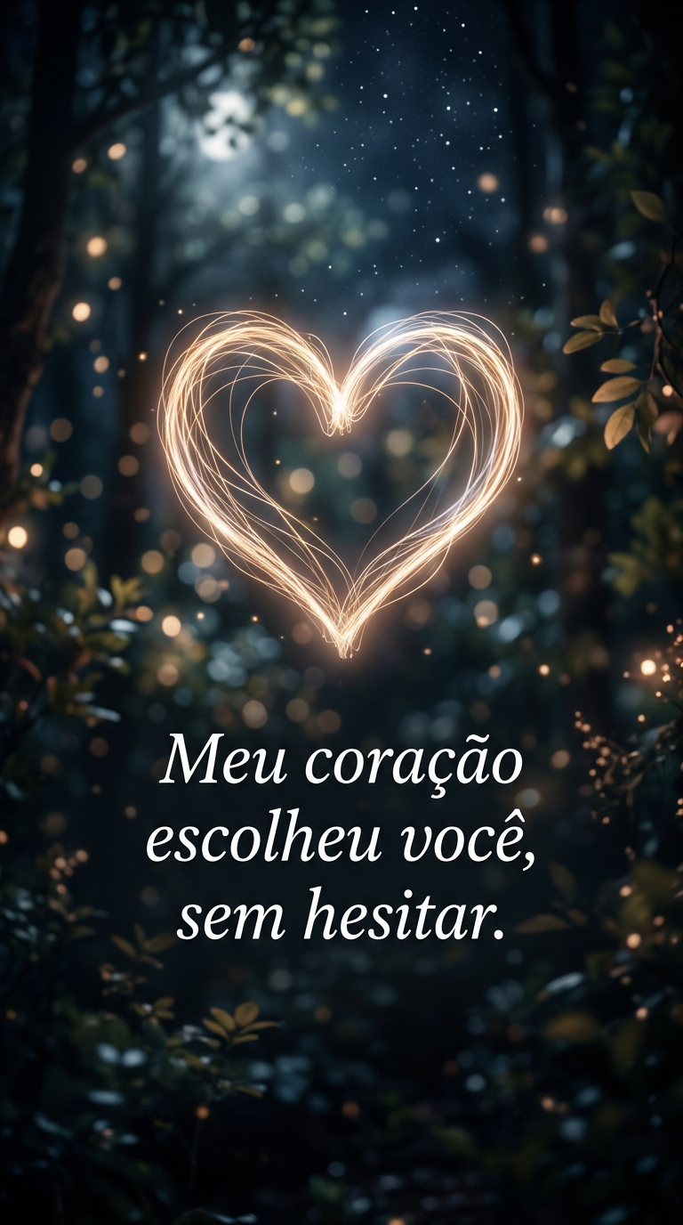 Coração estilizado feito de luz em um fundo escuro e sonhador, com a frase 'Meu coração escolheu você, sem hesitar'.