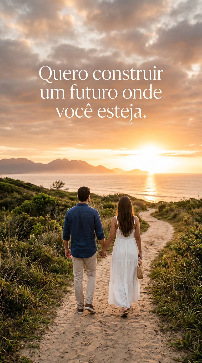 Casal andando de mãos dadas em direção a um horizonte brilhante, com a frase 'Quero construir um futuro onde você esteja'.