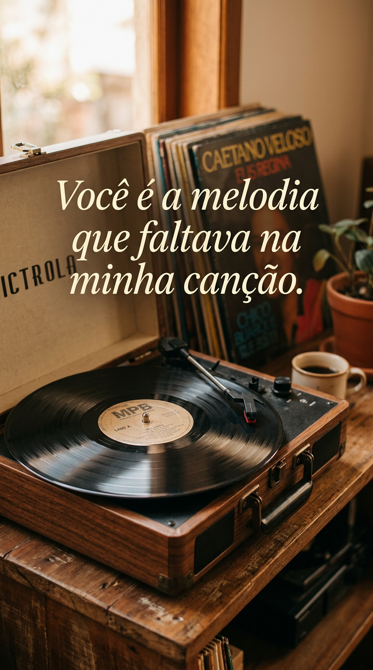 Close-up de um toca-discos vintage com um disco girando, com a frase 'Você é a melodia que faltava na minha canção'.
