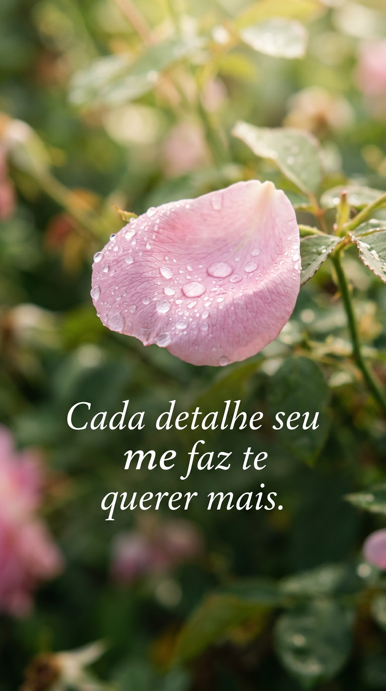 Foto macro de uma pétala de flor com gotas de orvalho, com a frase 'Cada detalhe seu me faz te querer mais'.