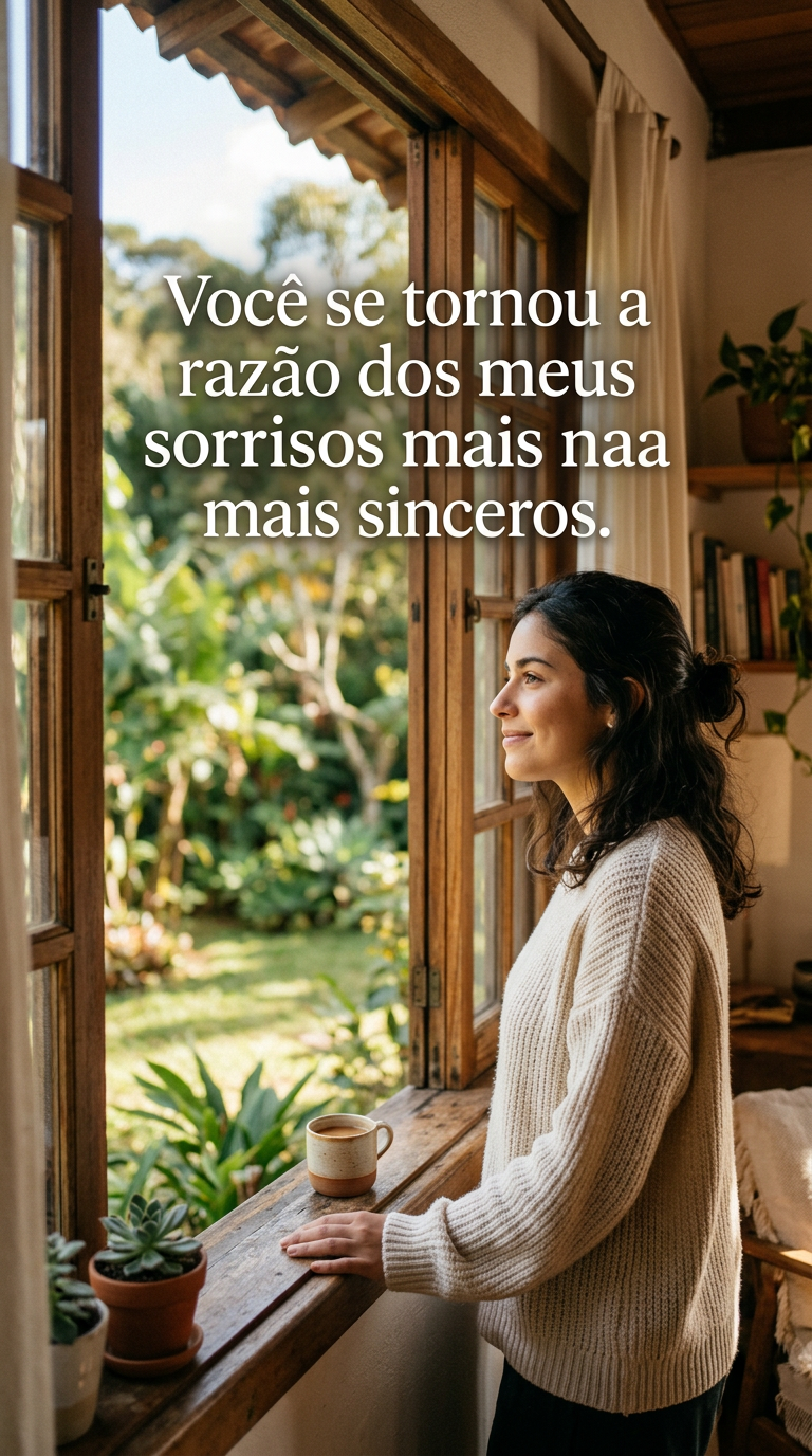 Pessoa sorrindo pensativamente olhando pela janela com a frase 'Você se tornou a razão dos meus sorrisos mais sinceros' sobreposta.