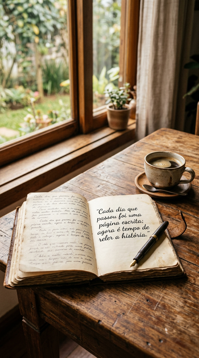 Diário aberto com caneta e café, representando cada dia como uma página escrita e o momento de reler a história do ano.