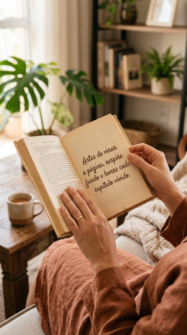 Mãos pausando antes de virar a página de um livro, simbolizando a importância de respirar fundo e honrar cada capítulo vivido no ano.