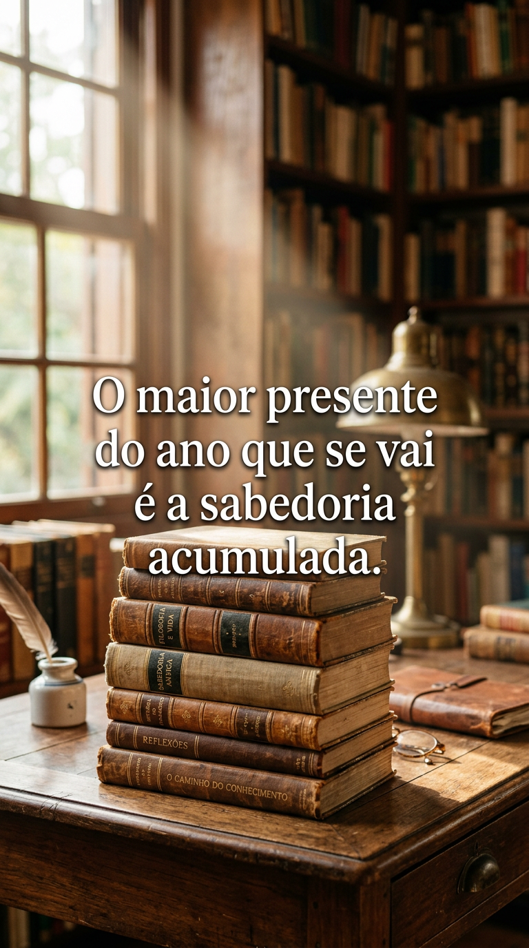 Pilha de livros antigos iluminada por um raio de luz, representando a sabedoria acumulada como o maior presente do ano que termina.