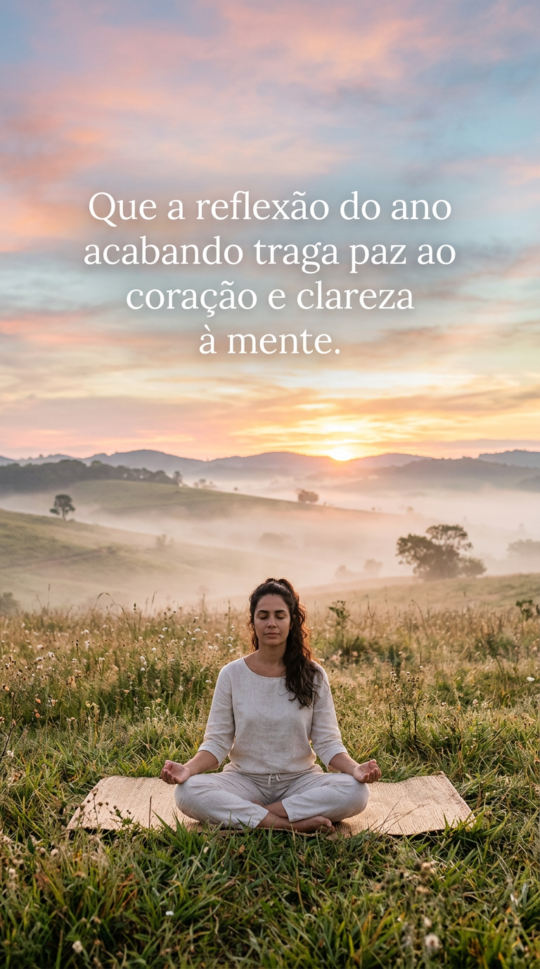 Pessoa meditando em um campo ao amanhecer, transmitindo paz ao coração e clareza à mente na reflexão do ano acabando.