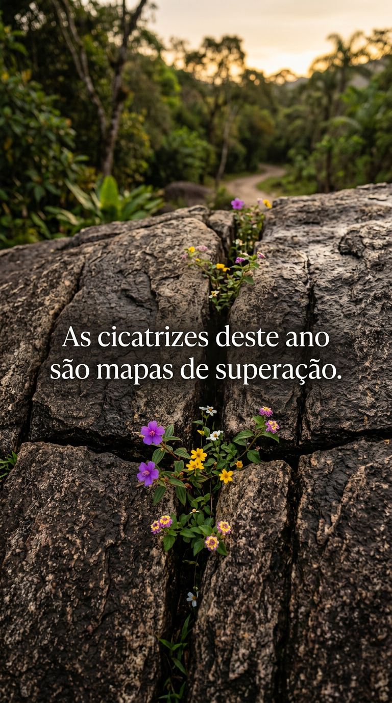 Rochas rachadas com flores brotando, representando as cicatrizes do ano como mapas de superação e crescimento.