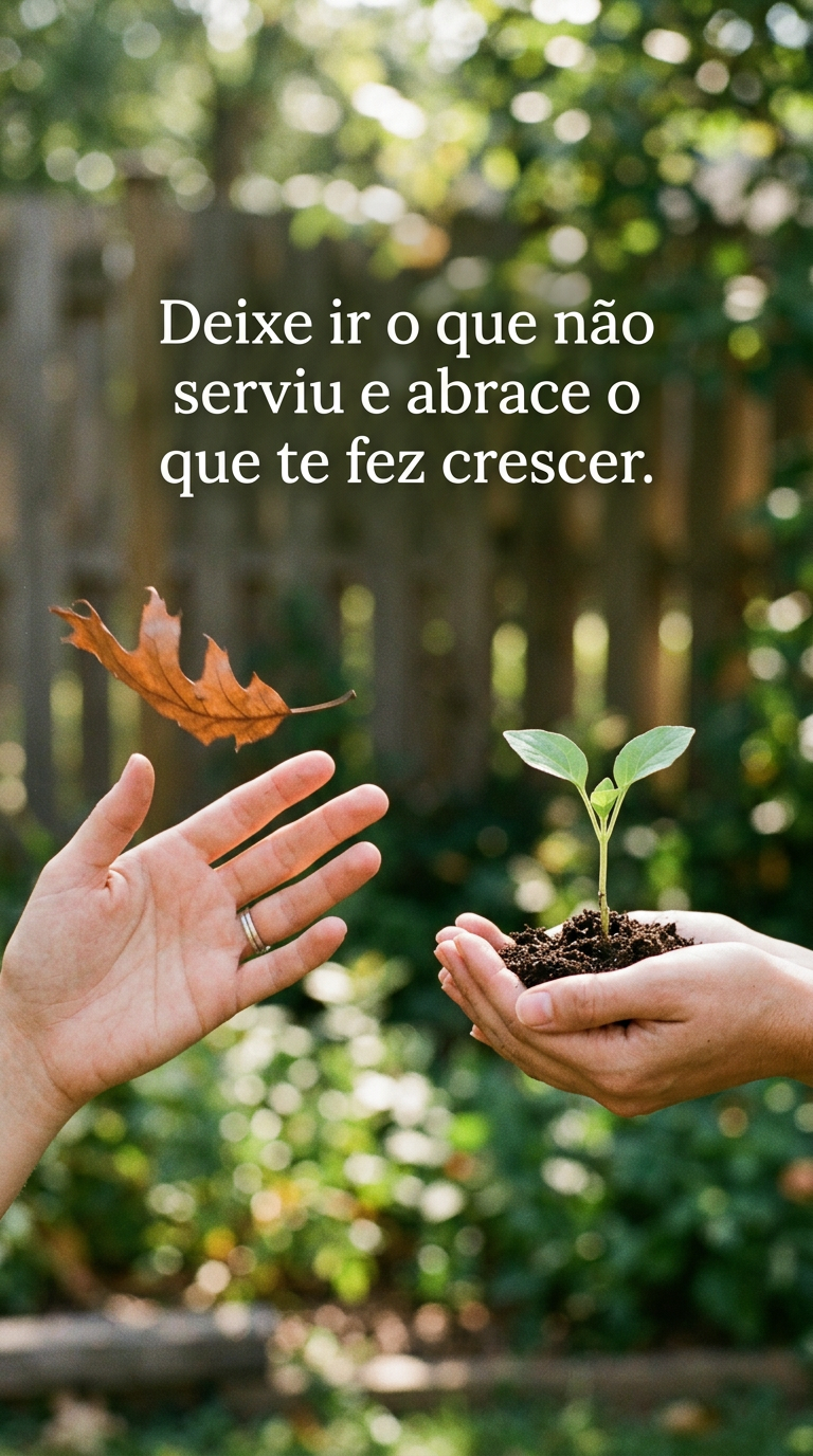 Mão soltando folha seca e outra segurando broto verde, simbolizando deixar ir o que não serviu e abraçar o que fez crescer.