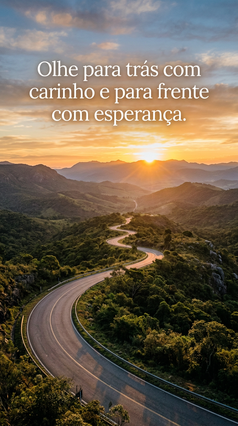 Estrada sinuosa com sol nascendo no horizonte, convidando a olhar para trás com carinho e para frente com esperança.