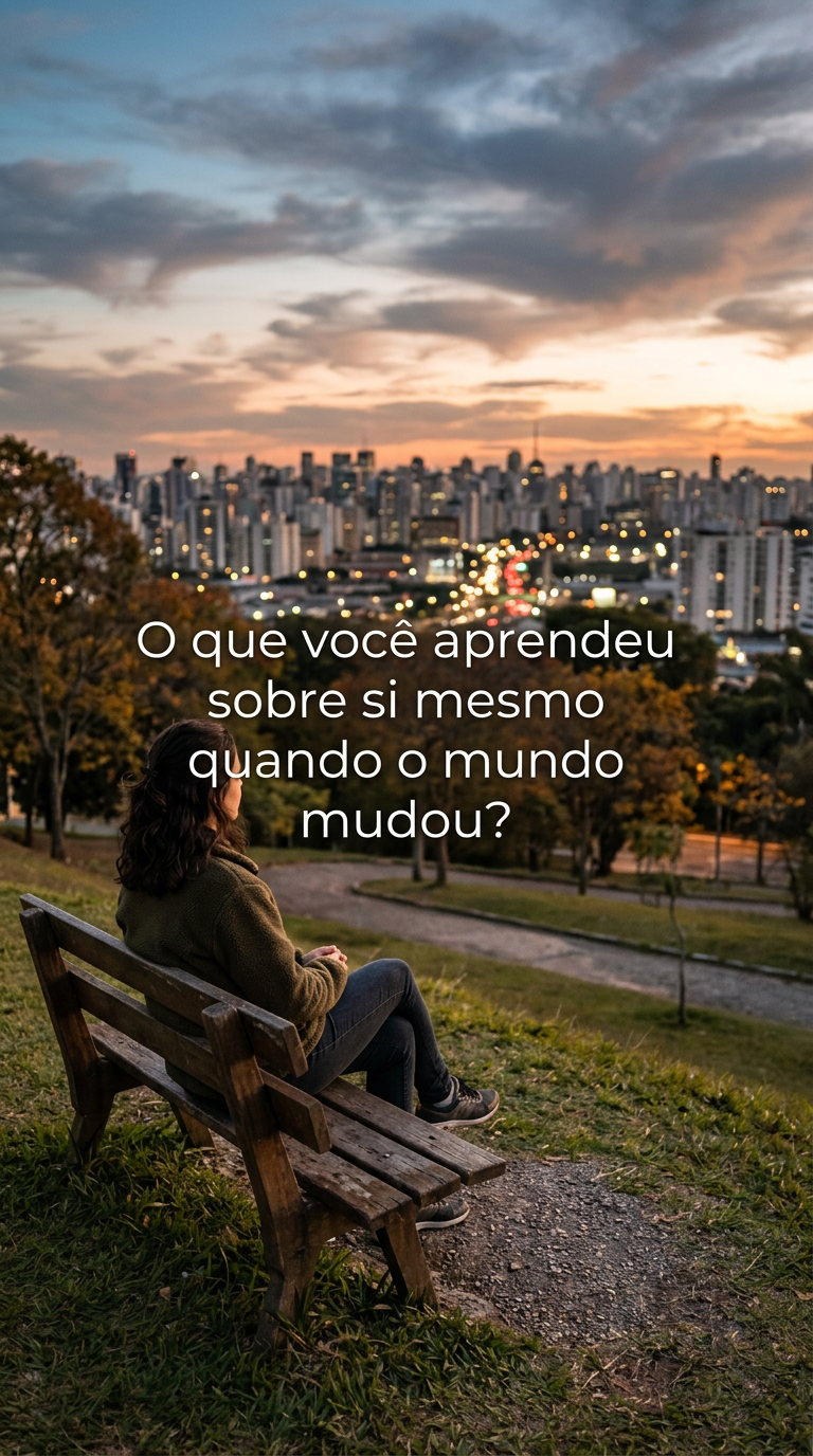 Pessoa sentada em banco de parque, refletindo sobre o que aprendeu sobre si mesma em um mundo em constante mudança.