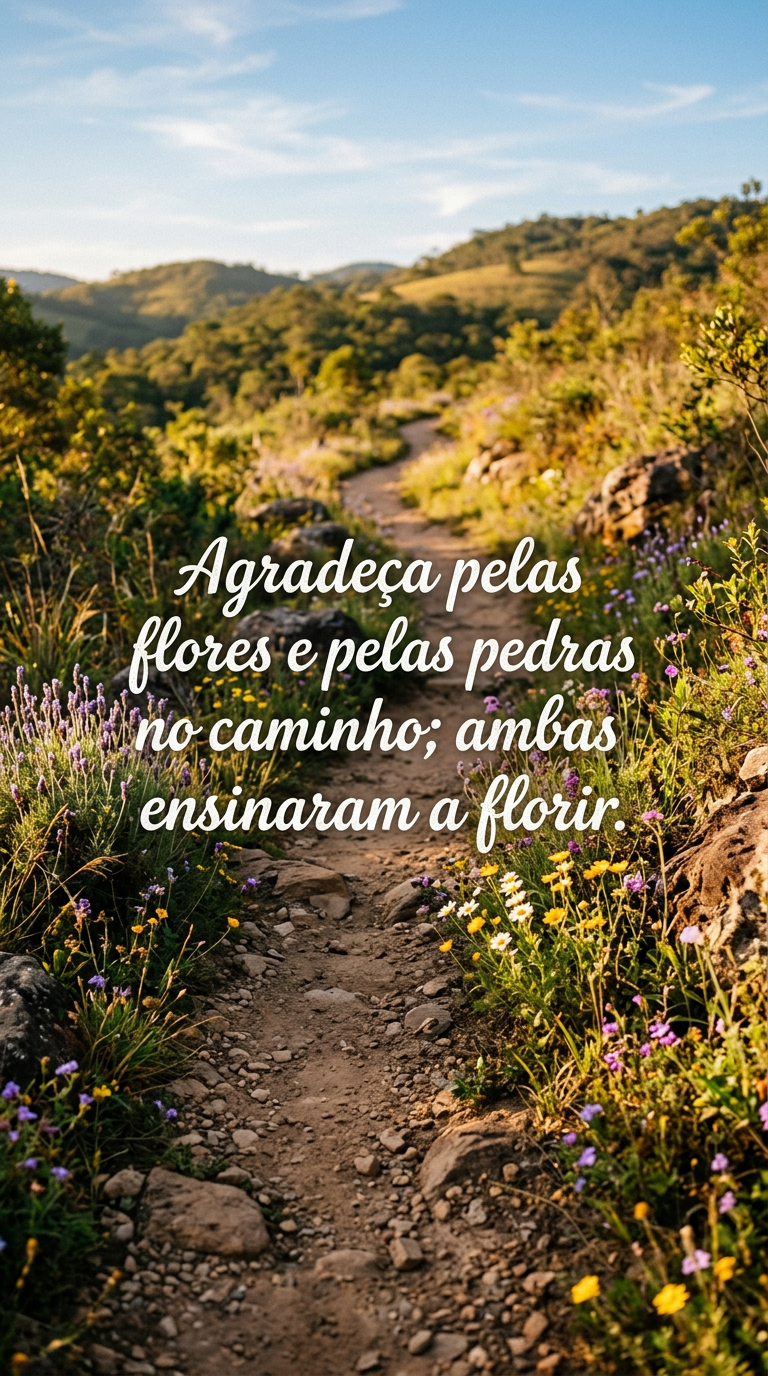 Caminho de terra com pedras e flores, simbolizando a gratidão tanto pelas flores quanto pelas pedras que ensinaram a florir.