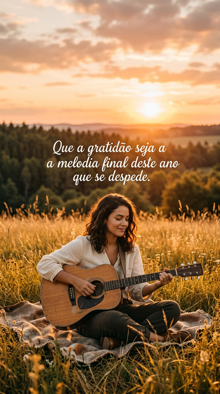 Pessoa tocando violão em campo dourado ao pôr do sol, representando a gratidão como melodia final do ano que se despede.