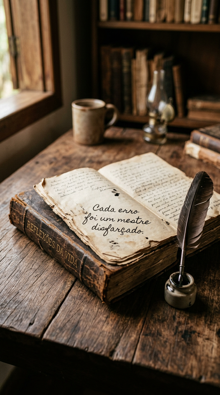 Livro antigo e pena de escrever, simbolizando que cada erro foi um mestre disfarçado, ensinando lições valiosas.