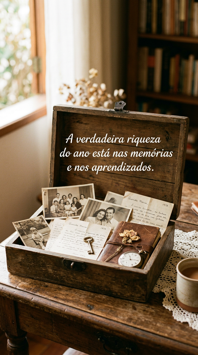 Caixa de madeira aberta com fotos e cartas, representando a verdadeira riqueza do ano nas memórias e nos aprendizados.