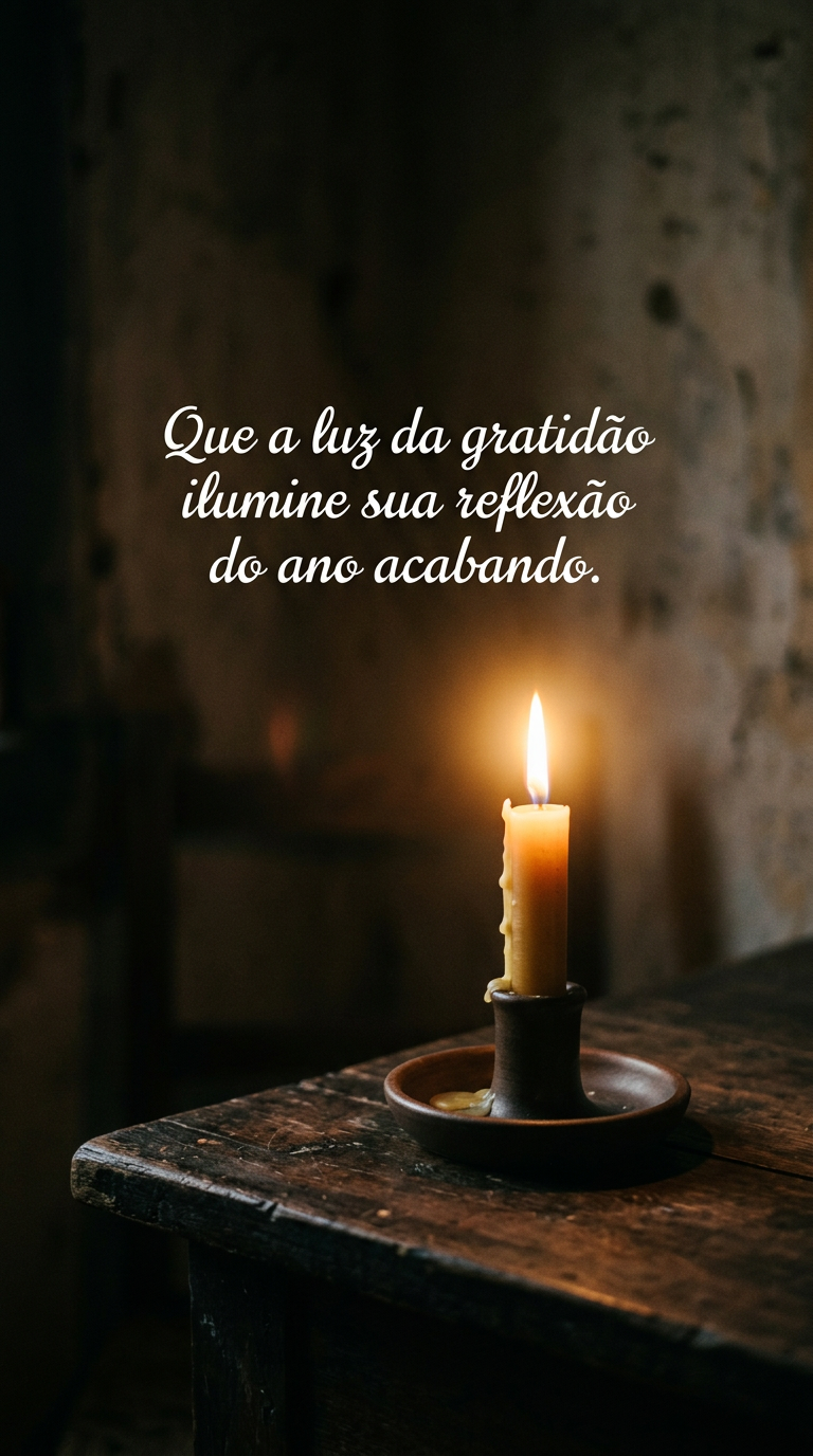 Vela acesa em ambiente escuro, simbolizando a luz da gratidão que ilumina a reflexão do ano acabando.