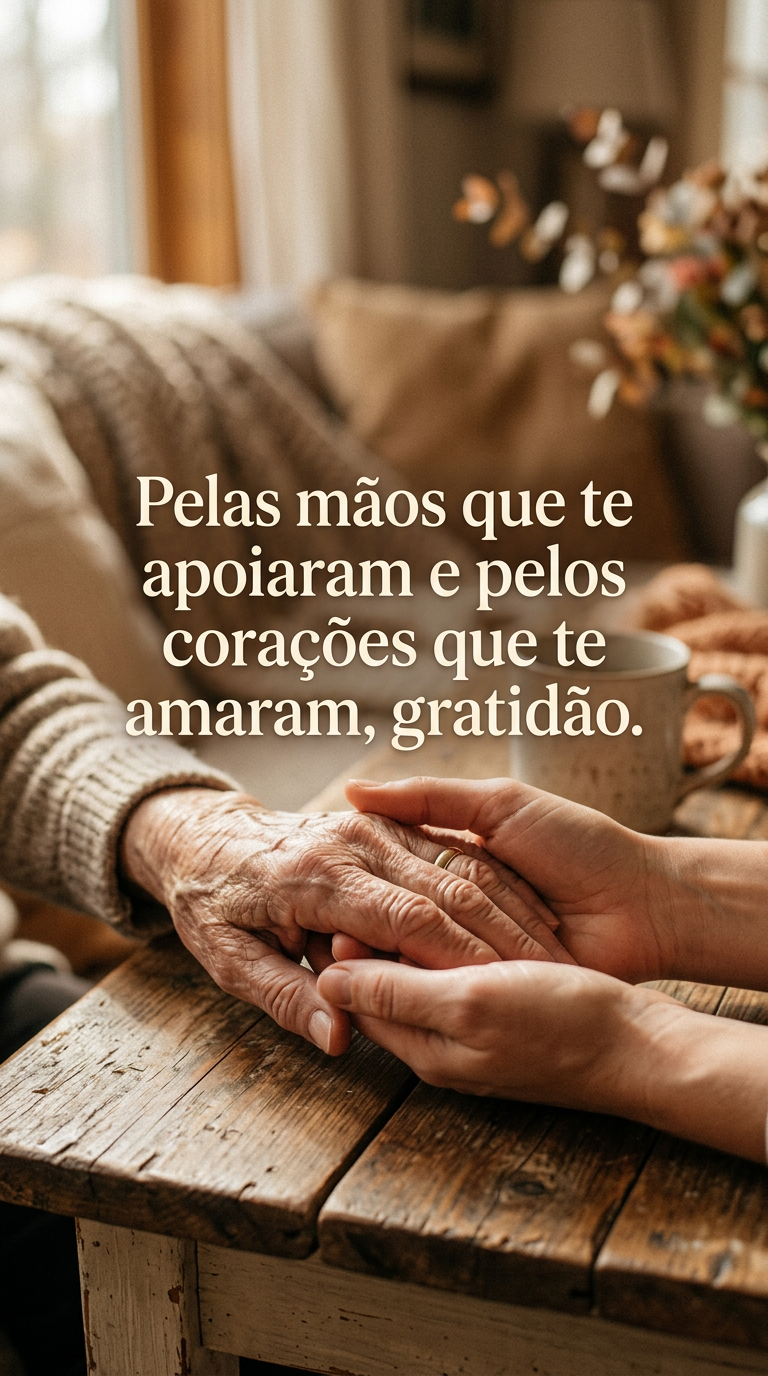 Mãos de diferentes gerações entrelaçadas, expressando gratidão pelas mãos que apoiaram e pelos corações que amaram.