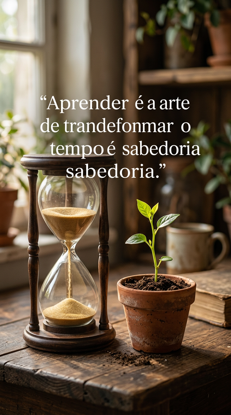 Ampulheta ao lado de broto de planta, representando a arte de transformar o tempo em sabedoria através do aprendizado.