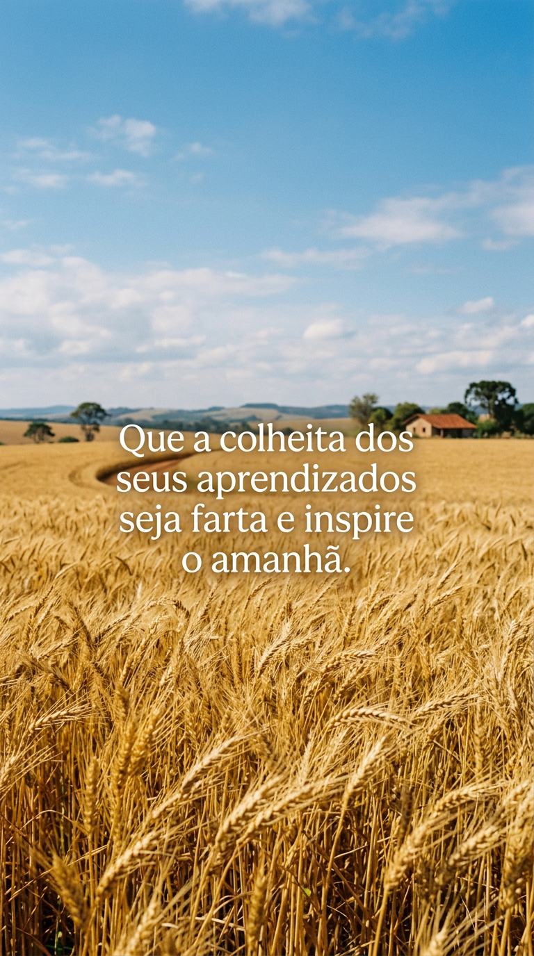 Campo de trigo dourado pronto para colheita, desejando que a colheita dos aprendizados seja farta e inspire o amanhã.