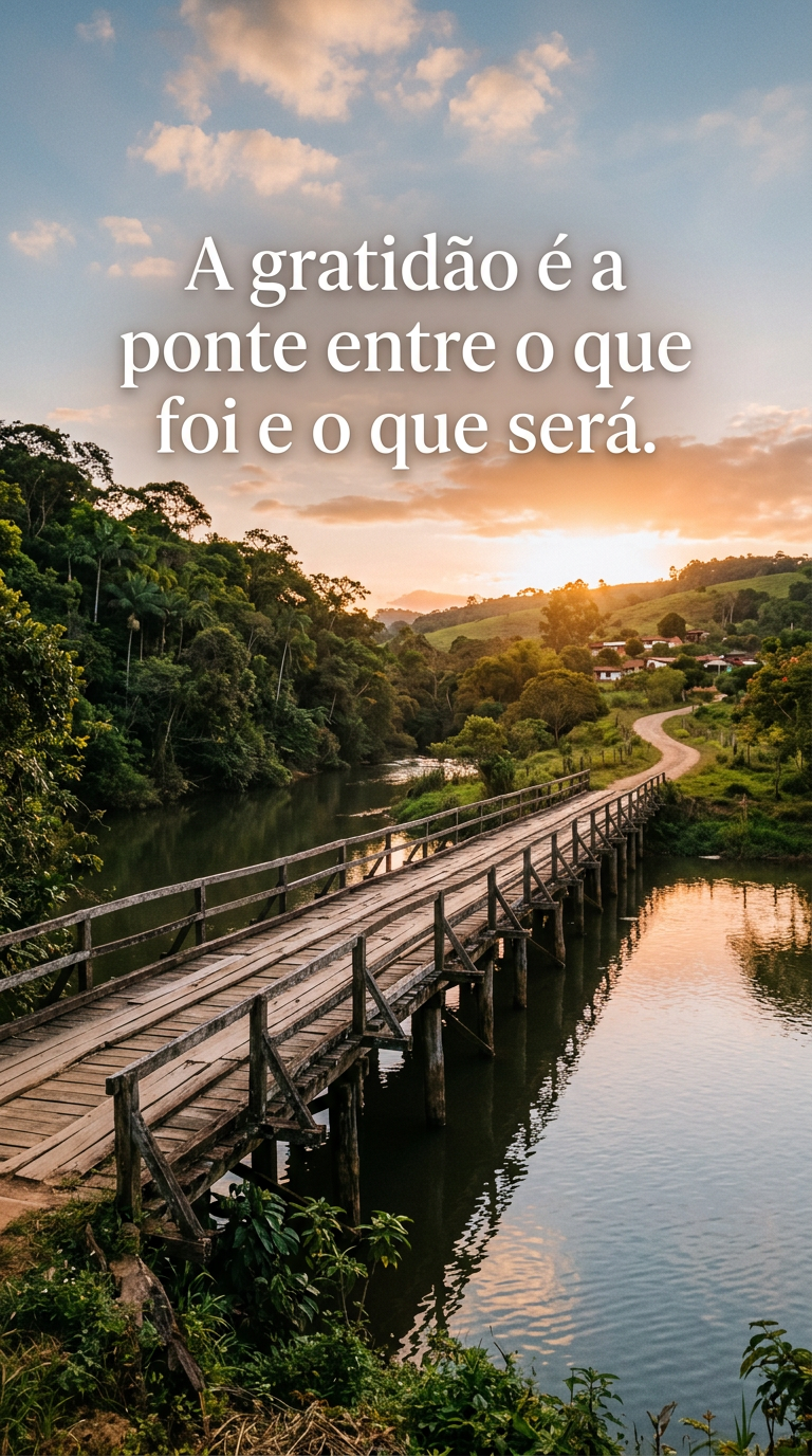 Ponte de madeira sobre rio calmo, simbolizando a gratidão como a ponte que conecta o passado e o futuro.