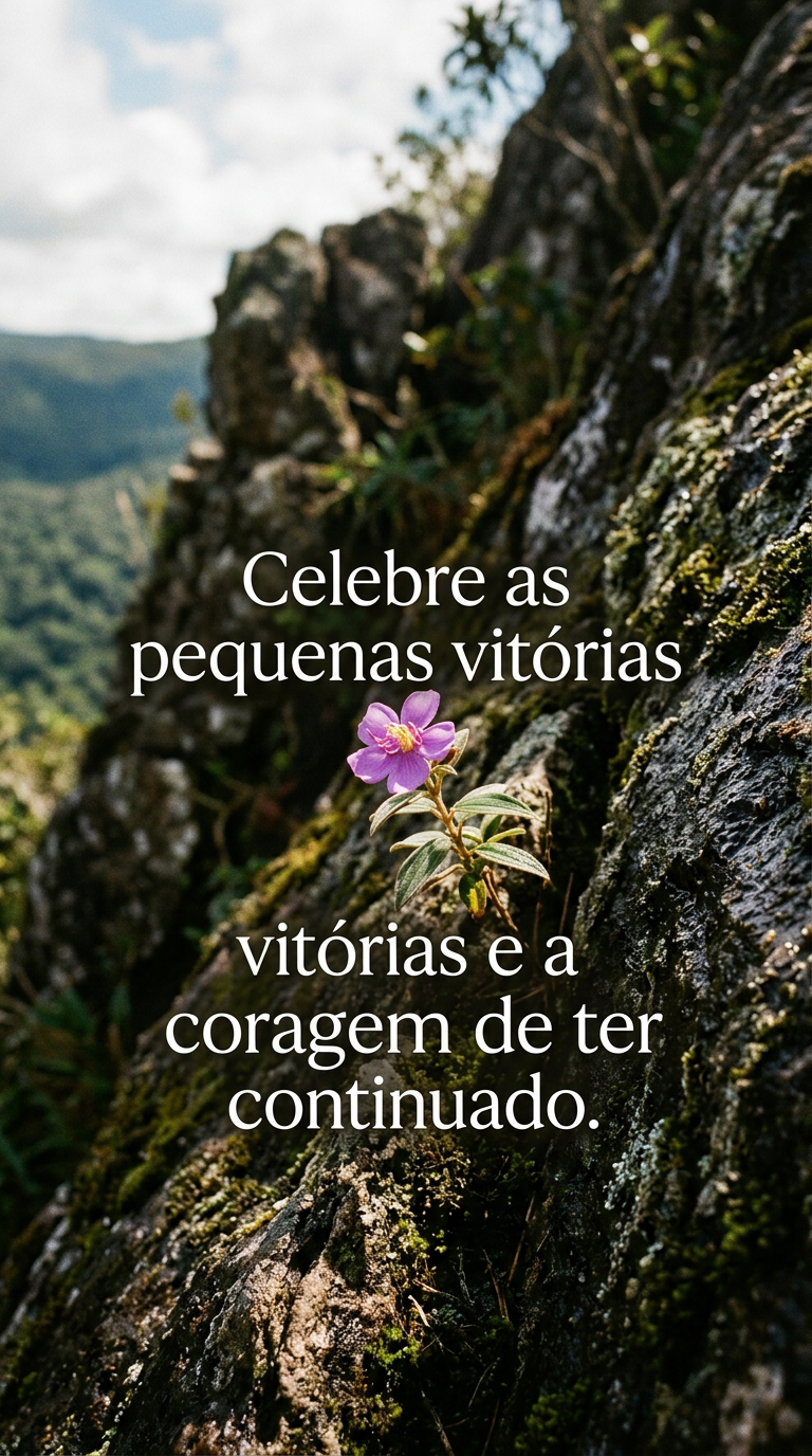 Pequena flor silvestre desabrochando em rochas, celebrando as pequenas vitórias e a coragem de ter continuado.