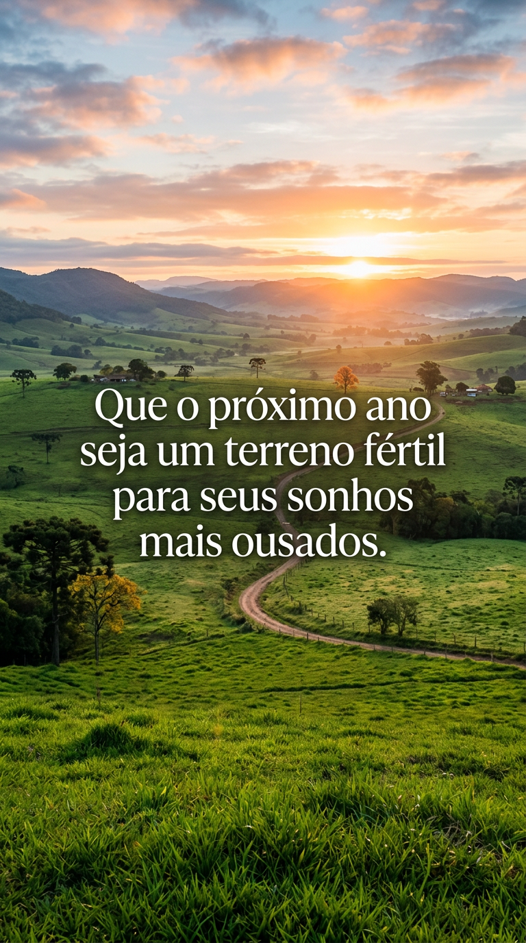 Campo verdejante com sol nascendo, desejando que o próximo ano seja um terreno fértil para os sonhos mais ousados.