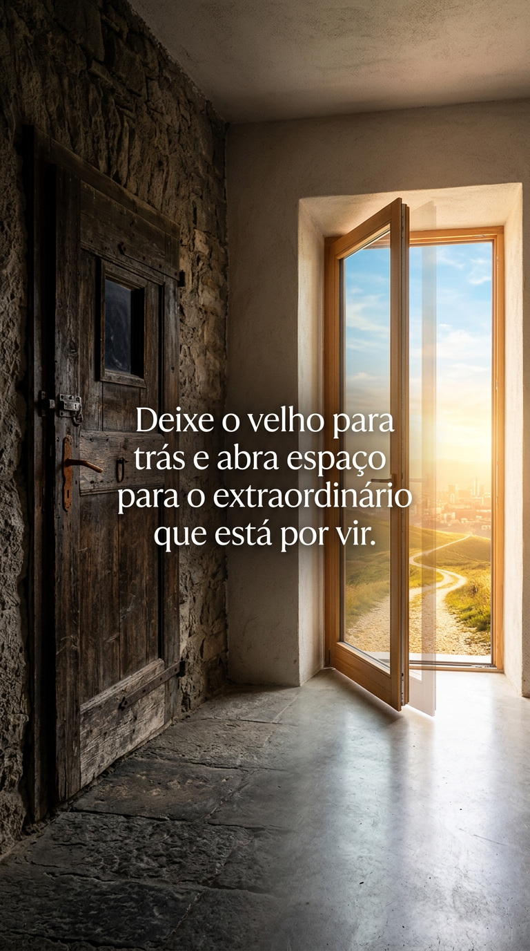 Porta antiga fechada e porta moderna aberta, simbolizando deixar o velho para trás e abrir espaço para o extraordinário.
