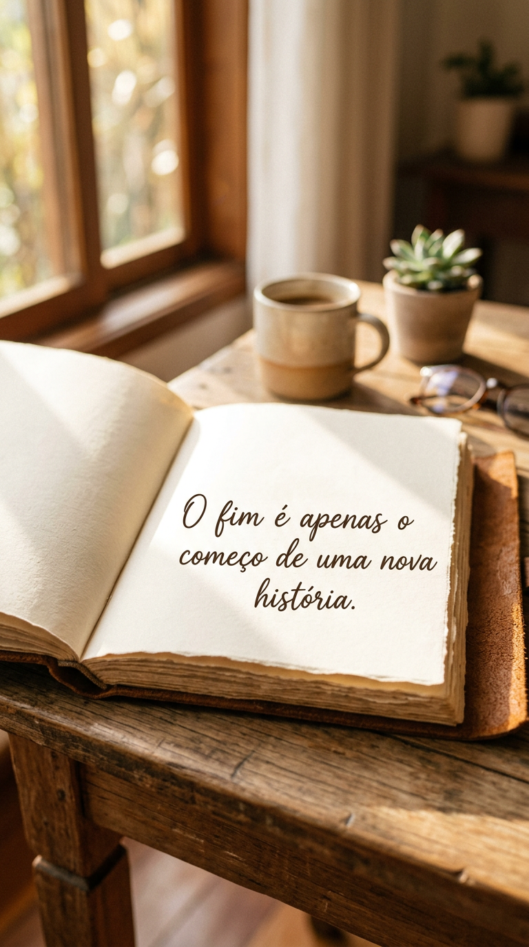 Livro aberto em página em branco, representando que o fim é apenas o começo de uma nova história.